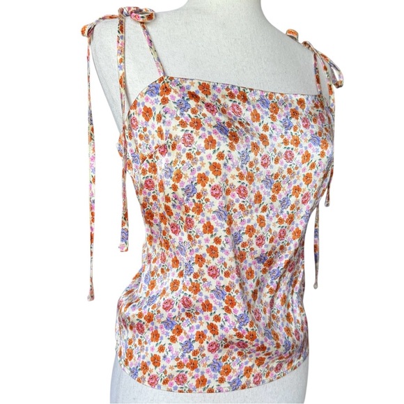 Topshop Floral Top Tie Strap Cami Tank Orange Pink Ditsy Flowers Blouse US 12 - Picture 2 of 8